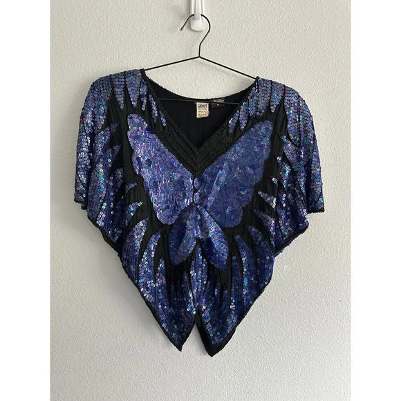 Vintage 70s/80s BUTTERFLY Bluish purple sequin and beaded cape blouse top Sz M - Picture 5 of 15